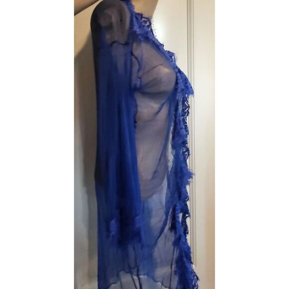 Vintage Blue Mesh Lingerie Festival Robe 100% Cotton Lace Edging One Size - Picture 3 of 5